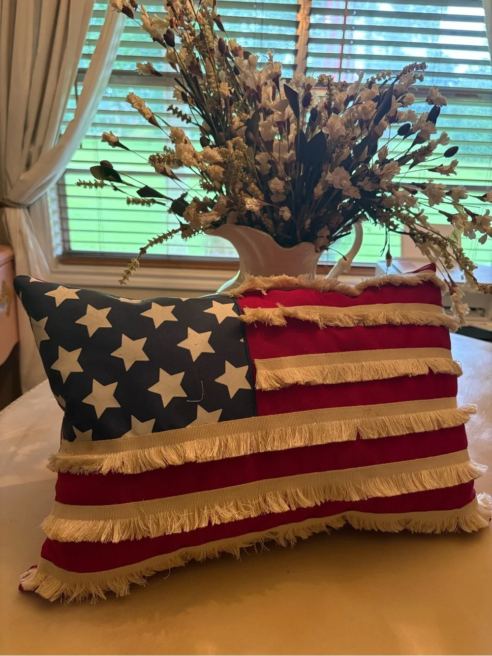 Patriotic Fringe American Flag Decorative Pillow - Red, White & Blue
